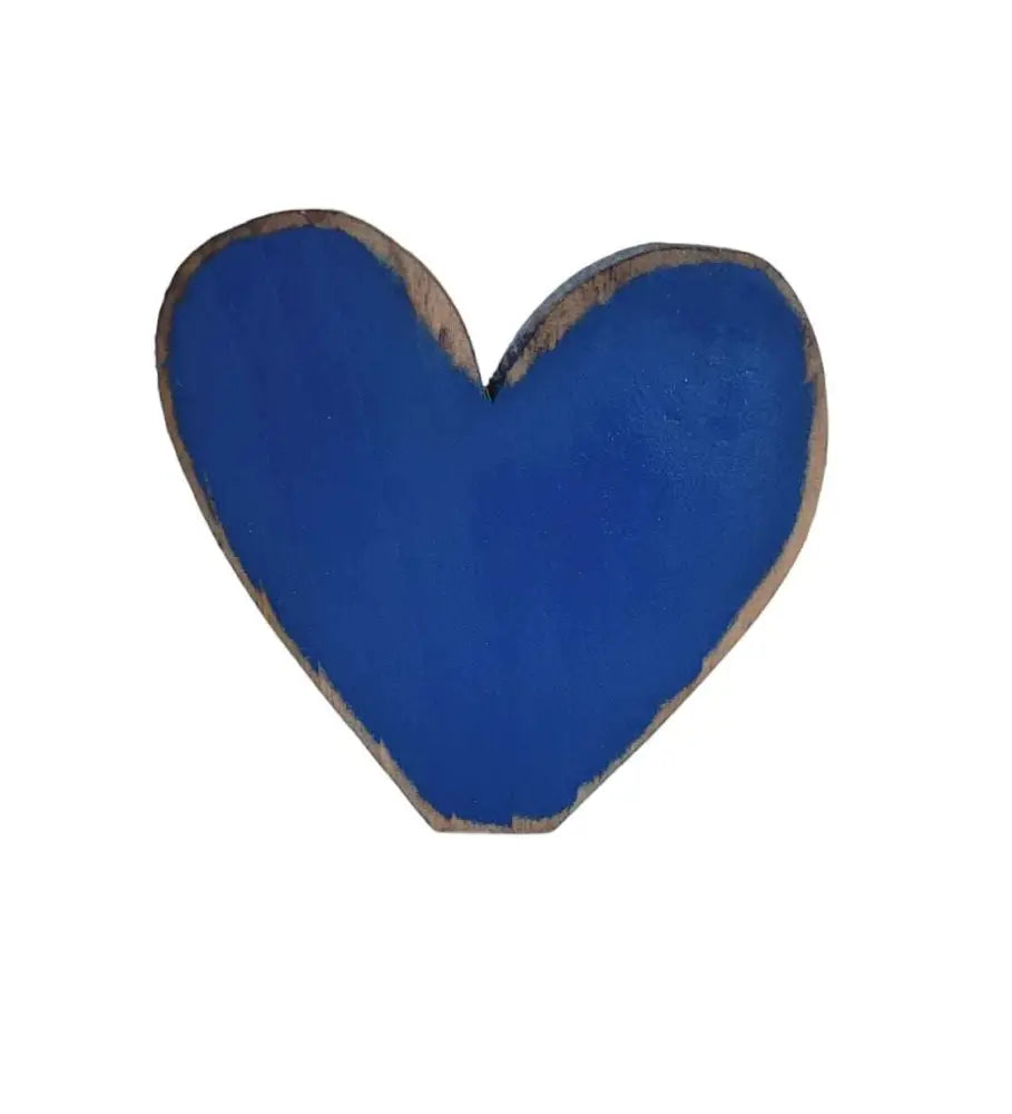 Handcrafted blue wooden heart with rustic edges.