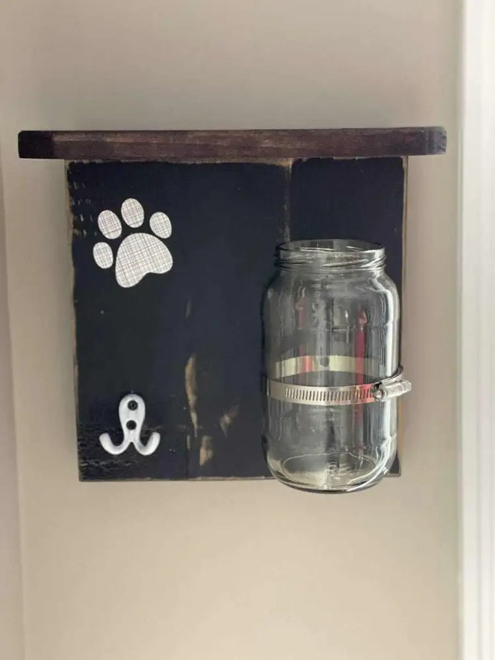 Handmade dog treat and leash holder with jar and hook, wood design.