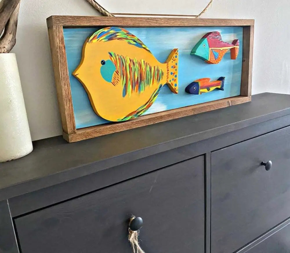 Folk Art Framed Handmade Framed  Fish - Colorful and Durable Wall Art