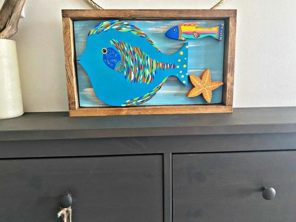Folk Art Framed Handmade Framed  Fish - Colorful and Durable Wall Art