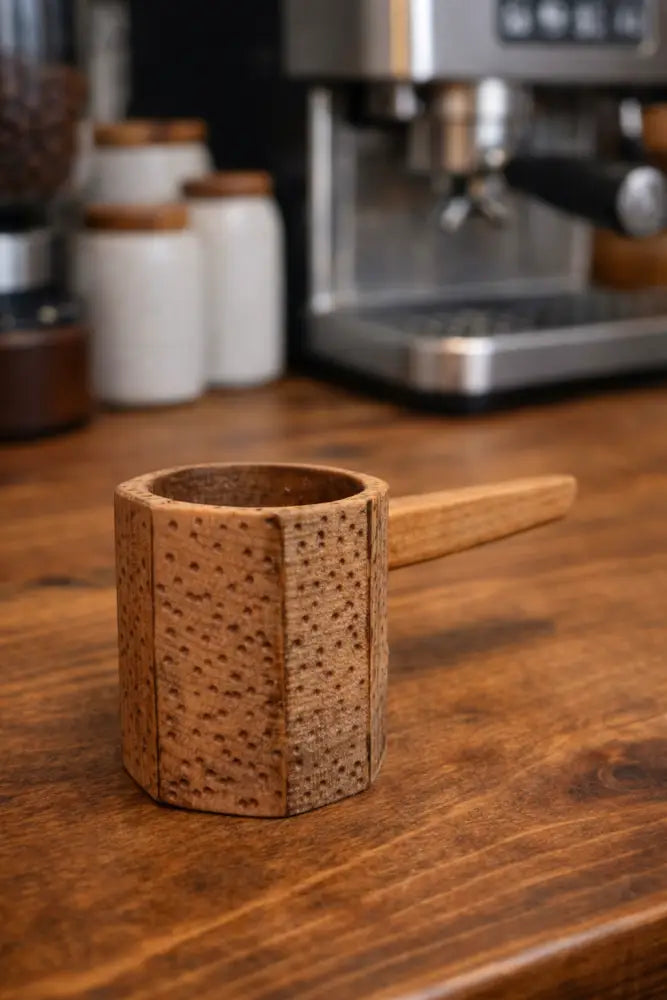 Handmade rustic wooden coffee scoop with honey-toned finish and slender handle