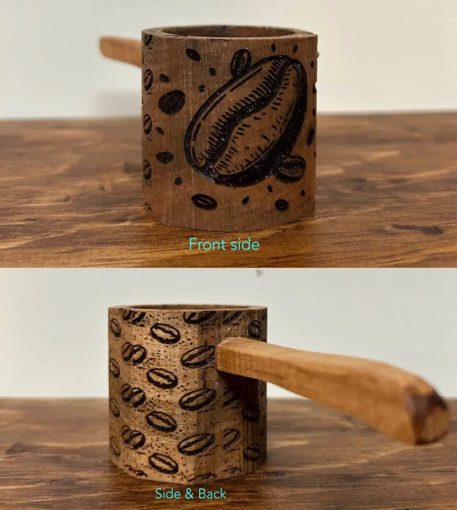 Handmade rustic wooden coffee scoop with carved bean design and natural handle