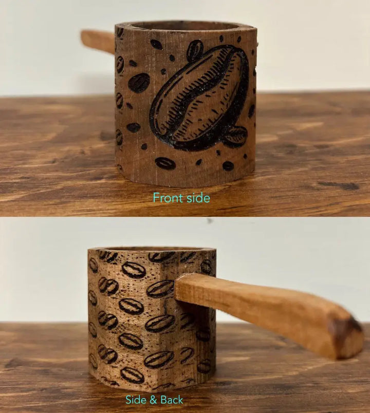 Handmade rustic wooden coffee scoop with carved bean design and natural handle