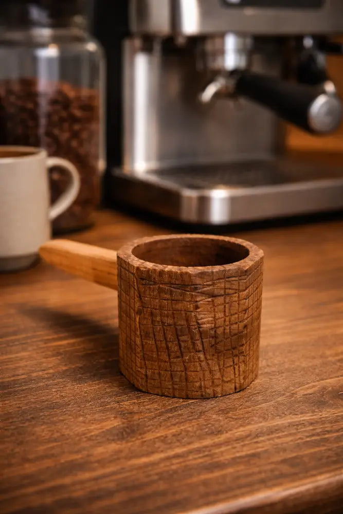 Handmade rustic wooden coffee scoop with natural grain and short handle
