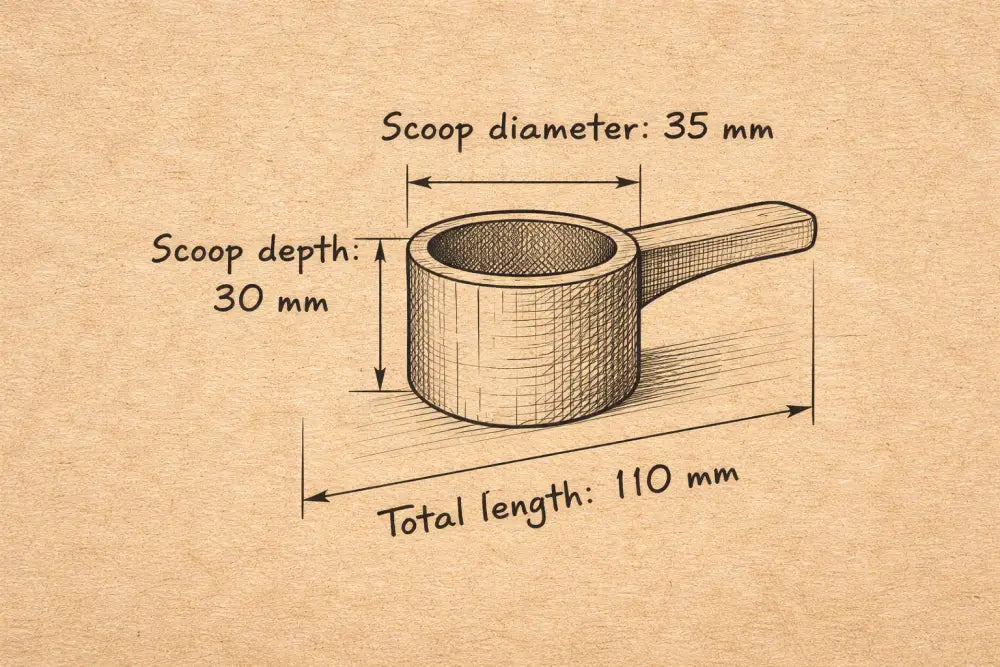 Hand-drawn wooden measuring cup with labeled dimensions for coffee scoop