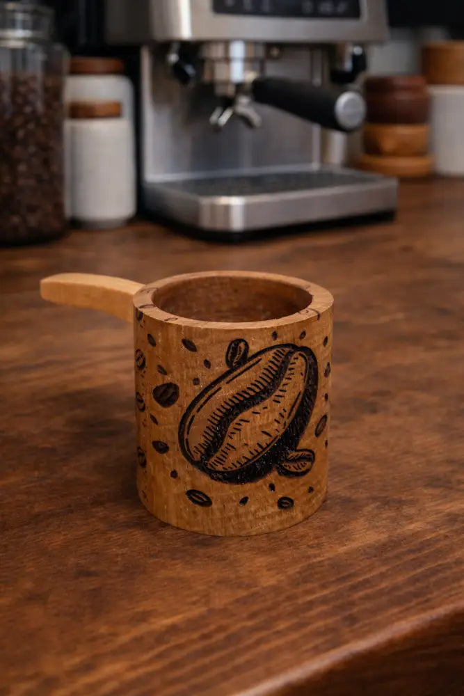 Rustic handmade wooden coffee scoop with carved bean design