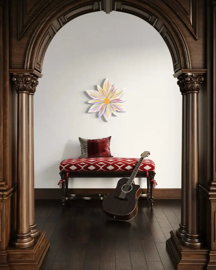 Lavender Lemonade wooden flower art displayed in a stylish indoor setting with guitar and red bench.