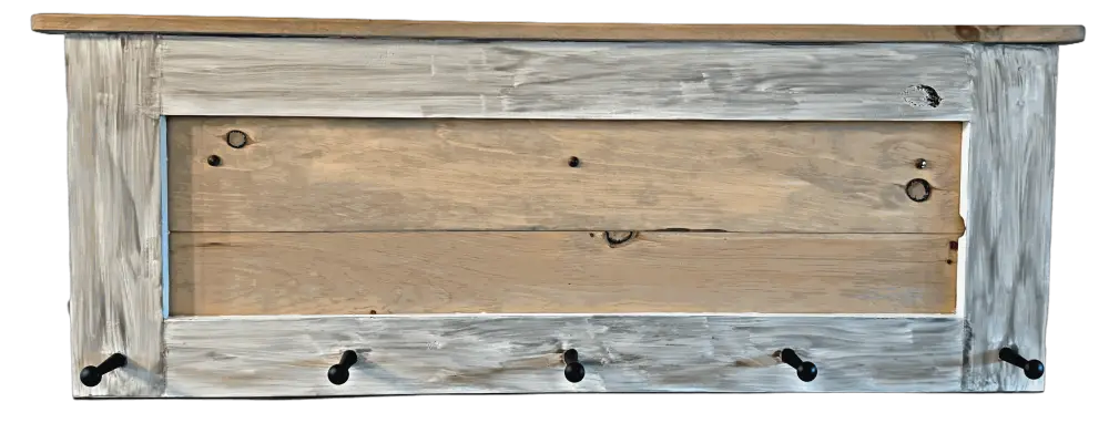 Handmade wooden coat rack with rustic and modern design, featuring five birch pegs and a weathered oak stain.