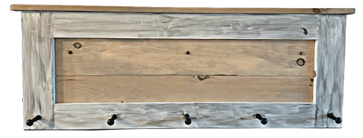 Handmade wooden coat rack with rustic and modern design, featuring five birch pegs and a weathered oak stain.