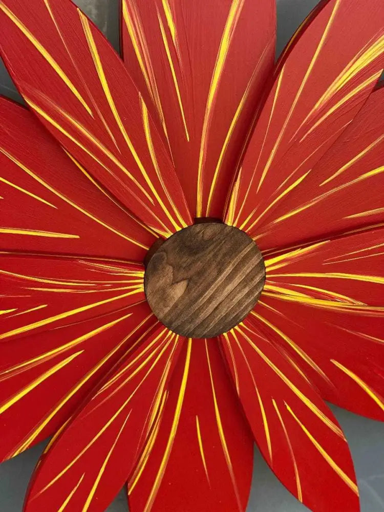 Red wooden flower door decoration made from premium pine with hand-painted petals and a wired hanger, suitable for indoor and outdoor use.