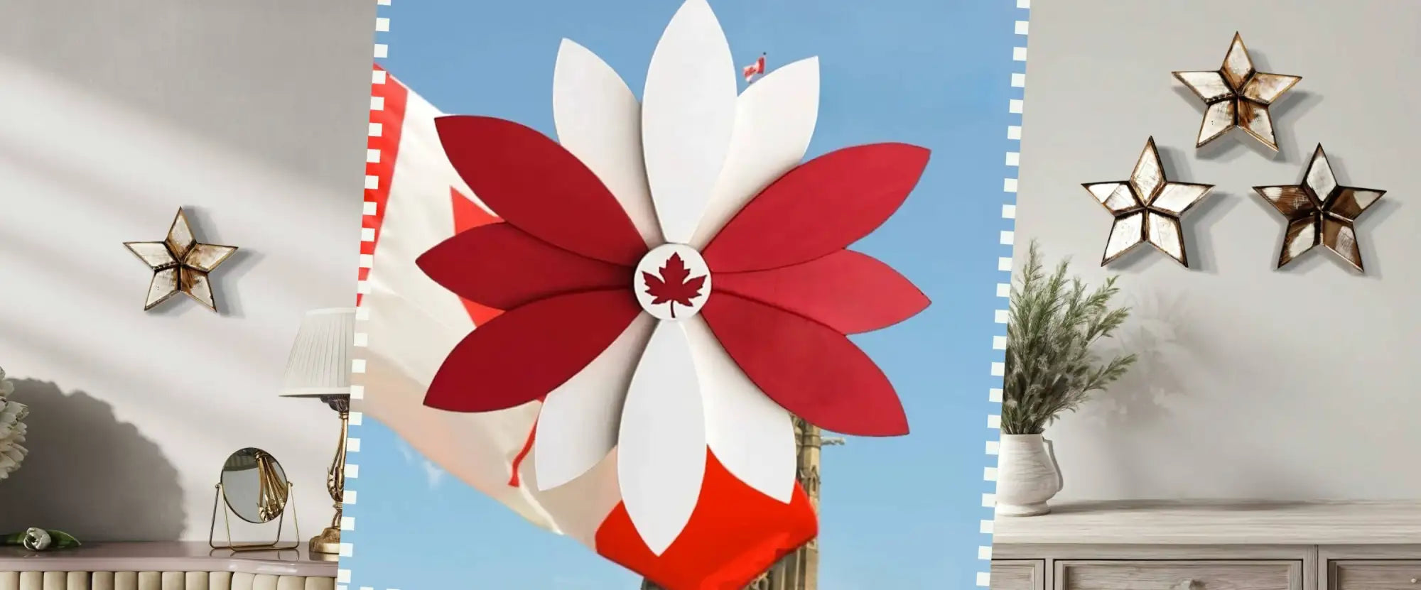 Red and white maple leaf wall decor with gold accents.