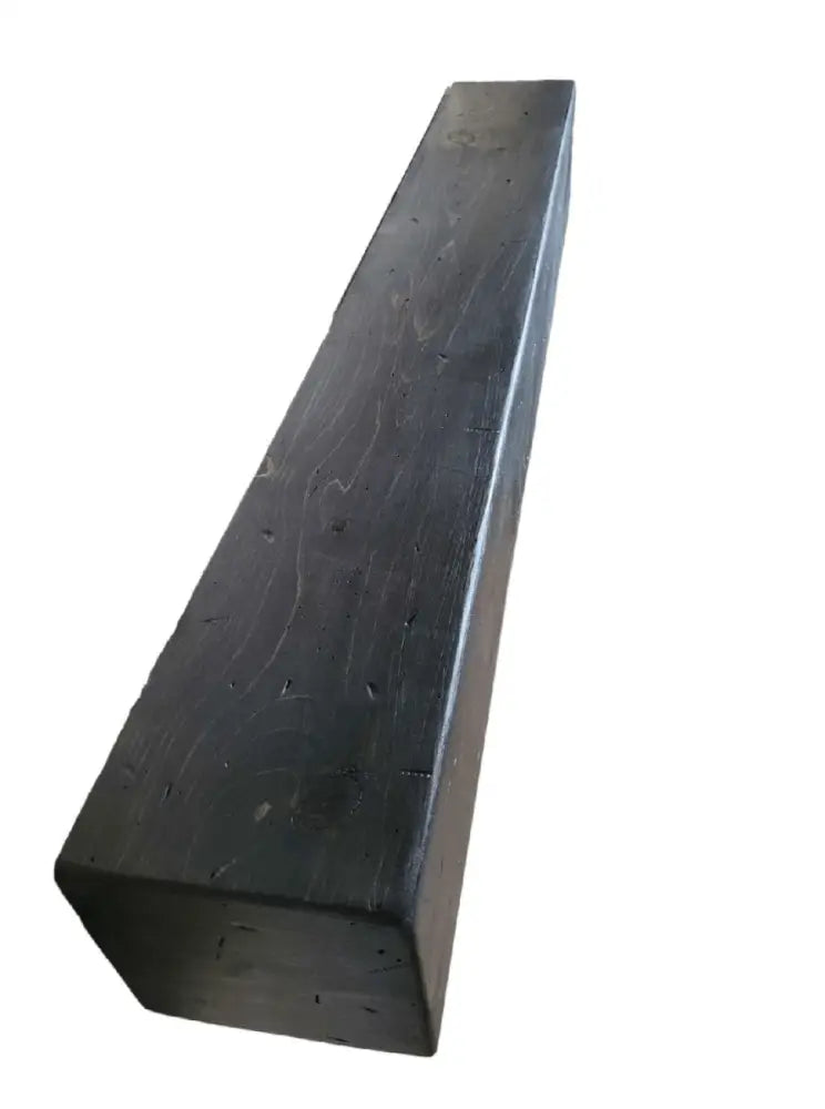 Handcrafted rustic wood fireplace mantel in dark walnut finish, Canadian made.