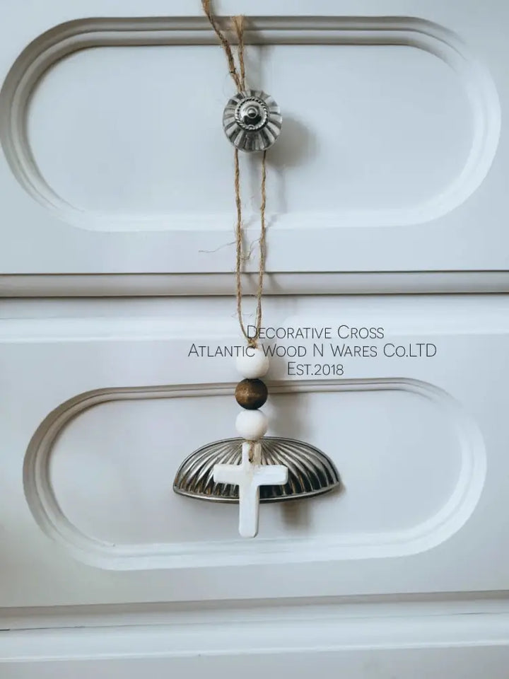 Handmade rustic wooden bead and cross garland, farmhouse home decor.