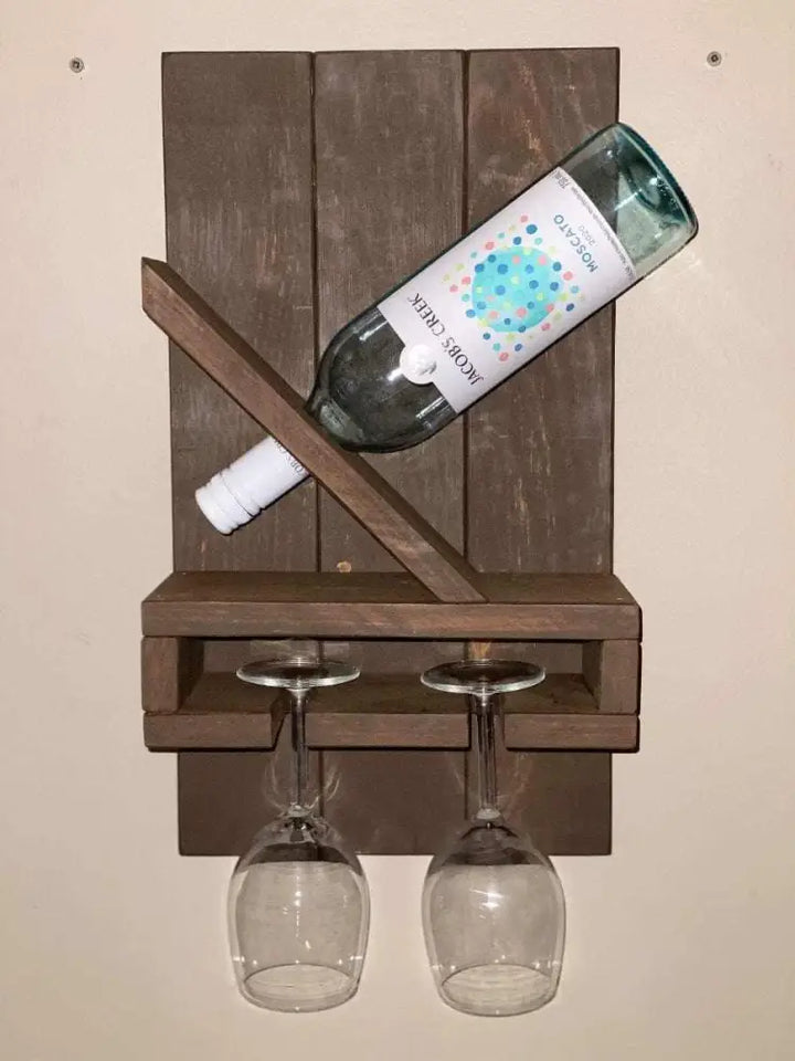 Rustic wooden glass and wine bottle holder, crafted from pine, 18 inches long, fits most sizes.