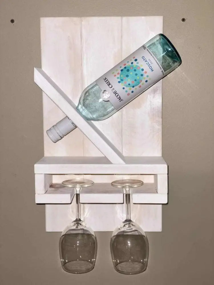 Rustic wooden glass and wine bottle holder, crafted from pine, 18 inches long, fits most sizes.