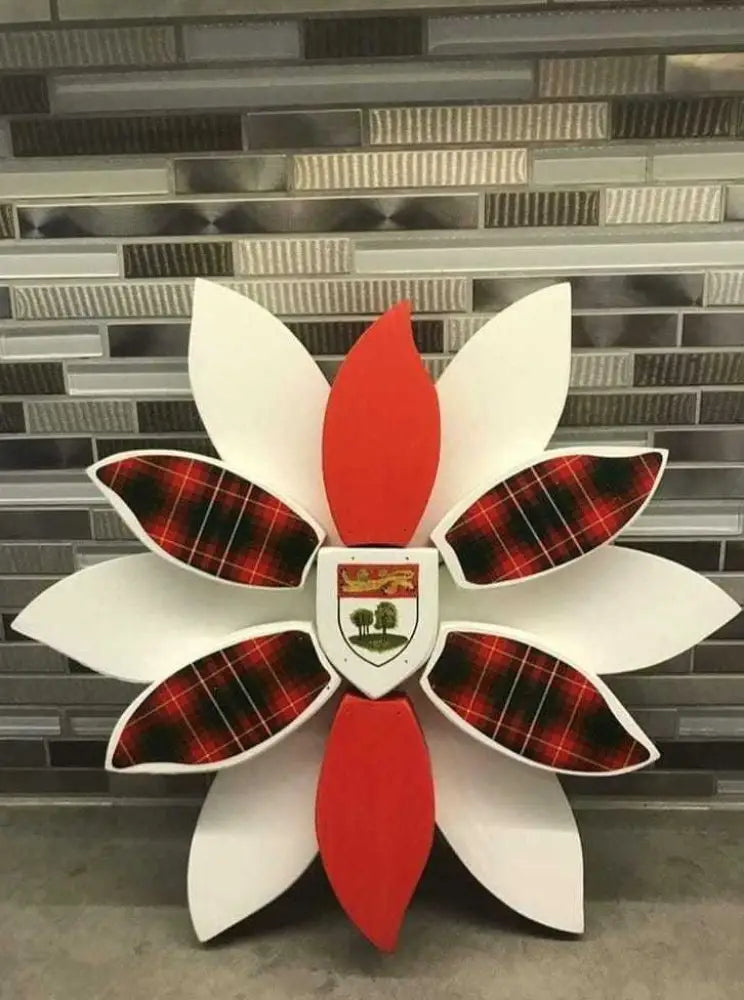 Handcrafted wooden flower art with tartan vinyl petals, showcasing provincial pride, suitable for indoor or outdoor decor.