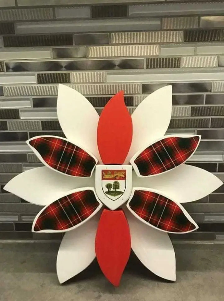 Handcrafted wooden flower art with tartan vinyl petals, showcasing provincial pride, suitable for indoor or outdoor decor.