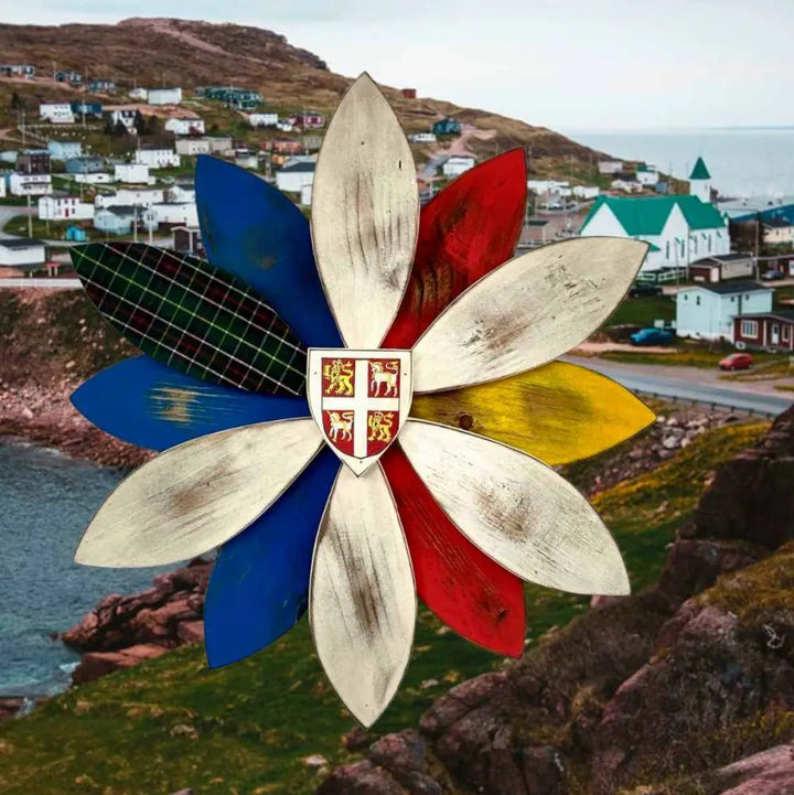 Handcrafted wooden flower art with tartan petal stickers, suitable for indoor and outdoor embellishment, showcasing provincial pride.