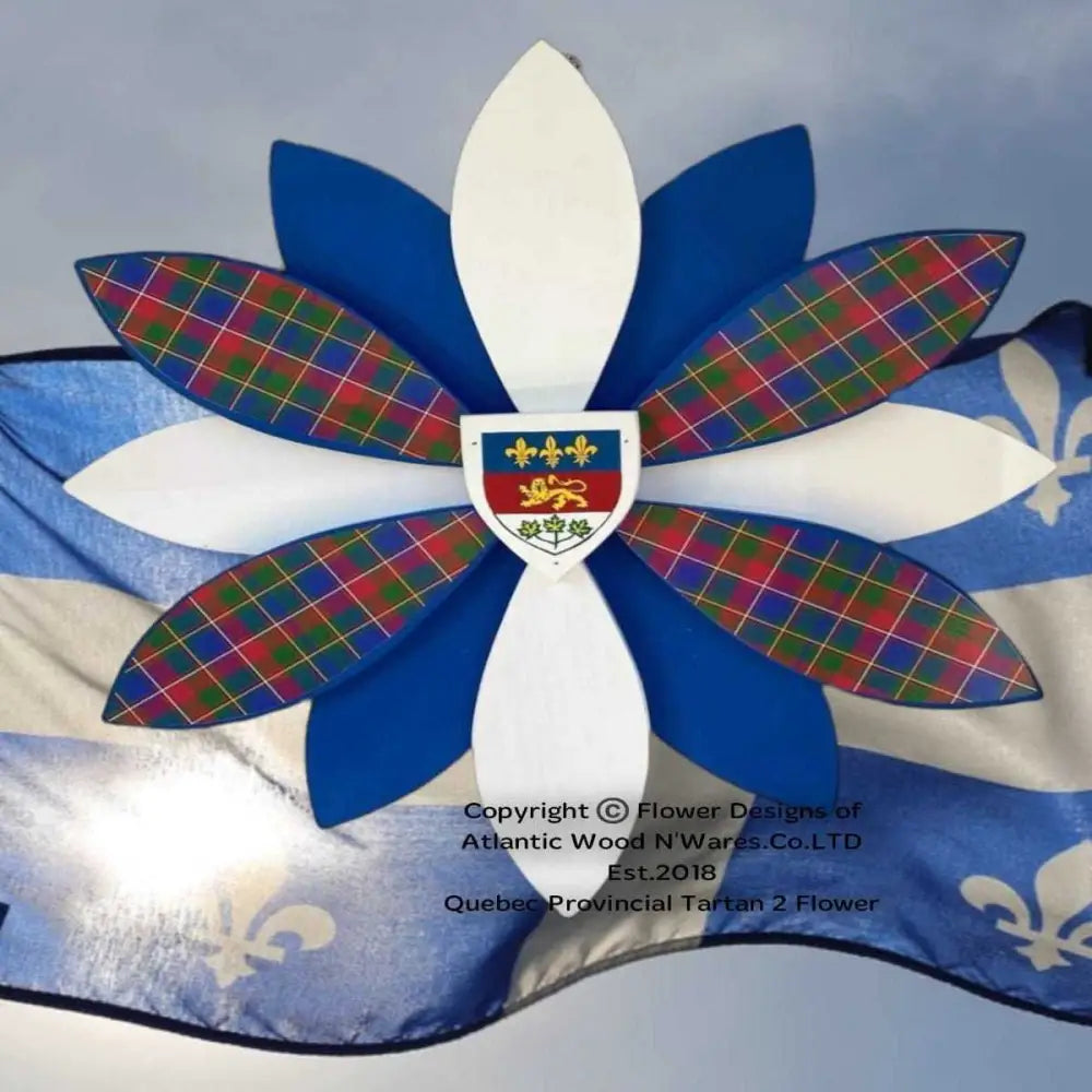 Handcrafted wooden flower art with tartan vinyl petals, symbolizing provincial pride and culture, suitable for indoor and outdoor decoration.