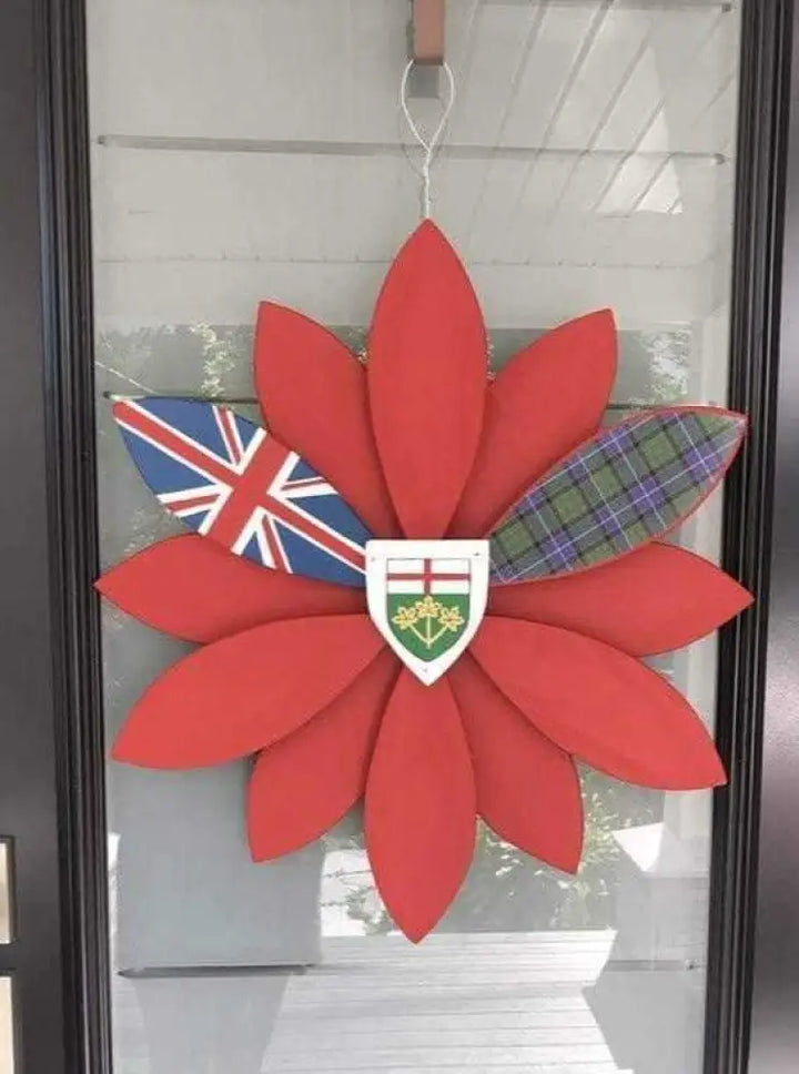 Handcrafted wooden flower art with tartan design, made from pine wood, painted with Benjamin Moore Aura paint, suitable for indoor and outdoor decoration.
