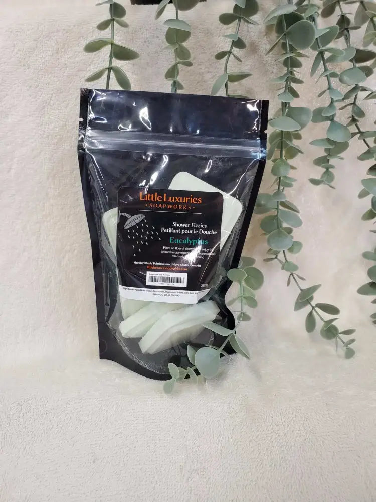 Package of Little Luxuries Soapworks eucalyptus shower steamers with eucalyptus branches on beige fabric background