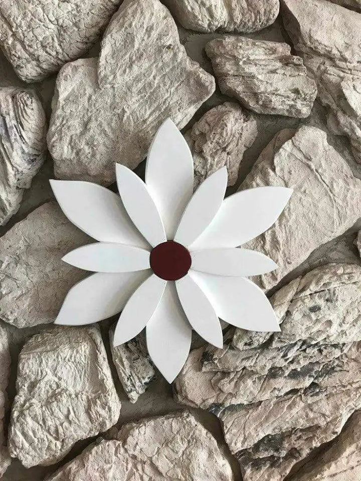 Handcrafted wooden flower in white with burgundy accent, ideal for indoor and outdoor decor.