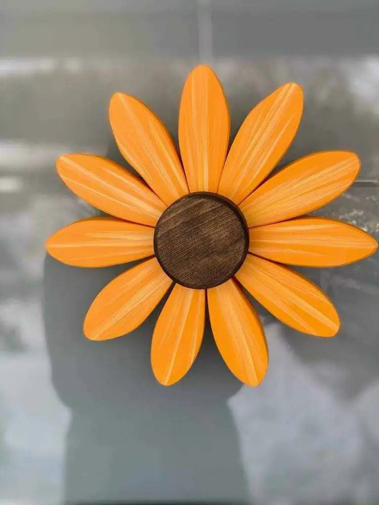 Handcrafted wooden orange daisy flower art supporting the Sofia Daisy Campaign for children with congenital heart conditions in Canada.