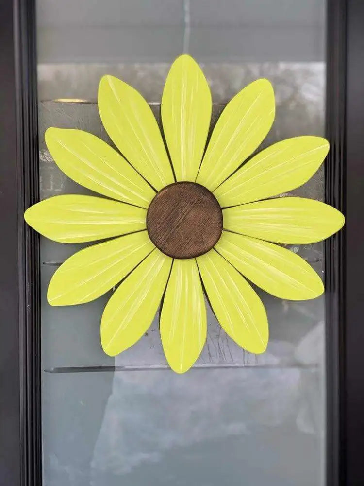 Handcrafted wooden yellow Sofia Daisy flower art supporting Canadian congenital heart defect children charity campaign