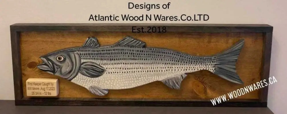 Striped Bass wall Fish art, personalized fishing decor with rustic pine frame, handmade and laser-engraved plaque for fishing enthusiasts.