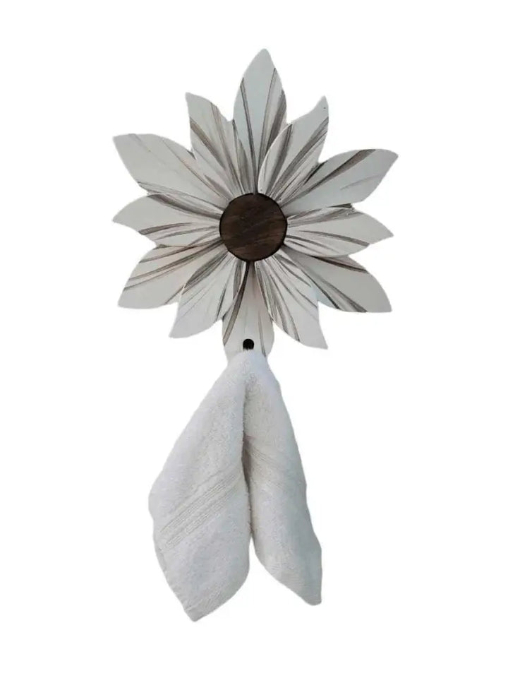 Handcrafted wooden flower wall decoration with painted pine petals, includes a towel hook.
