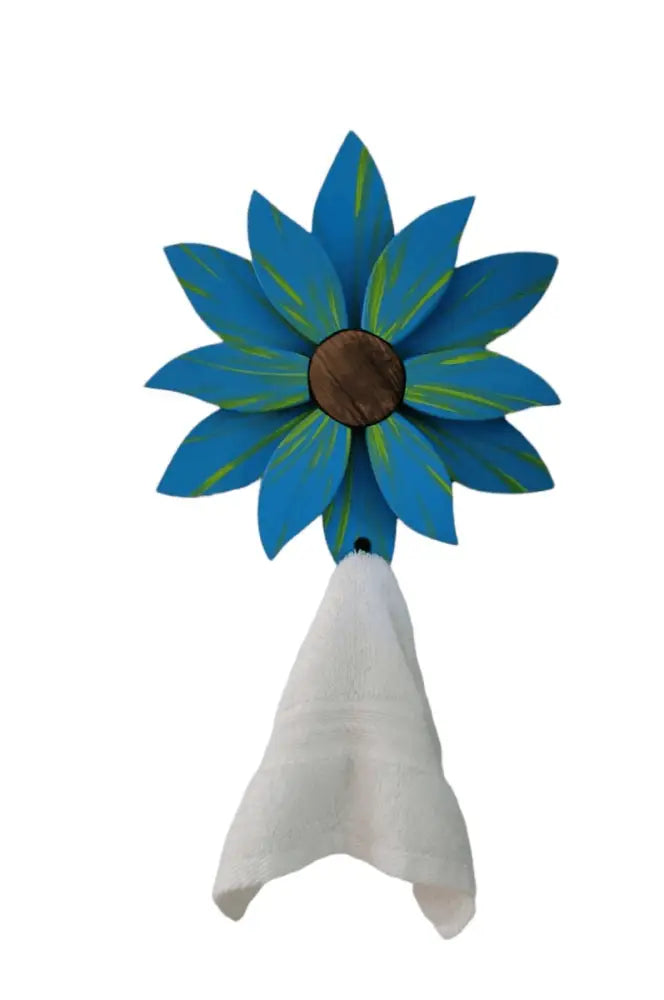 Blue handcrafted flower wall decoration with towel holder, painted with high-quality paint for vibrant, long-lasting color.