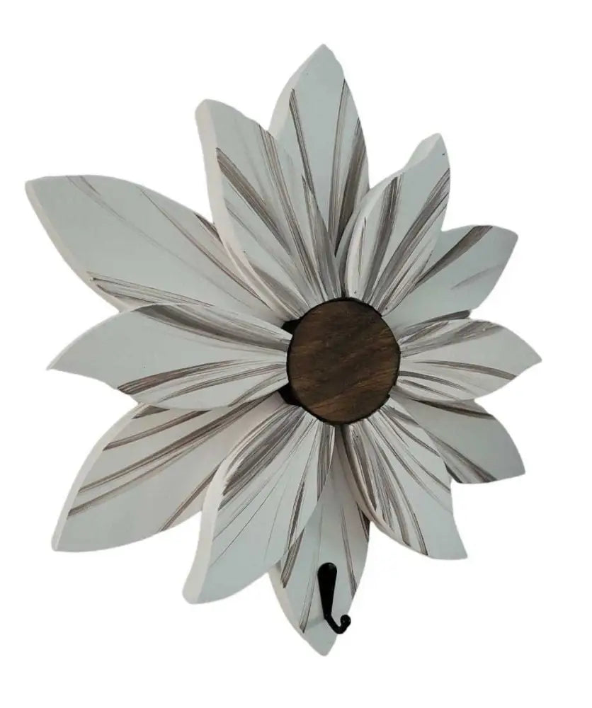 Handcrafted flower wall decoration with intricately painted wooden petals.