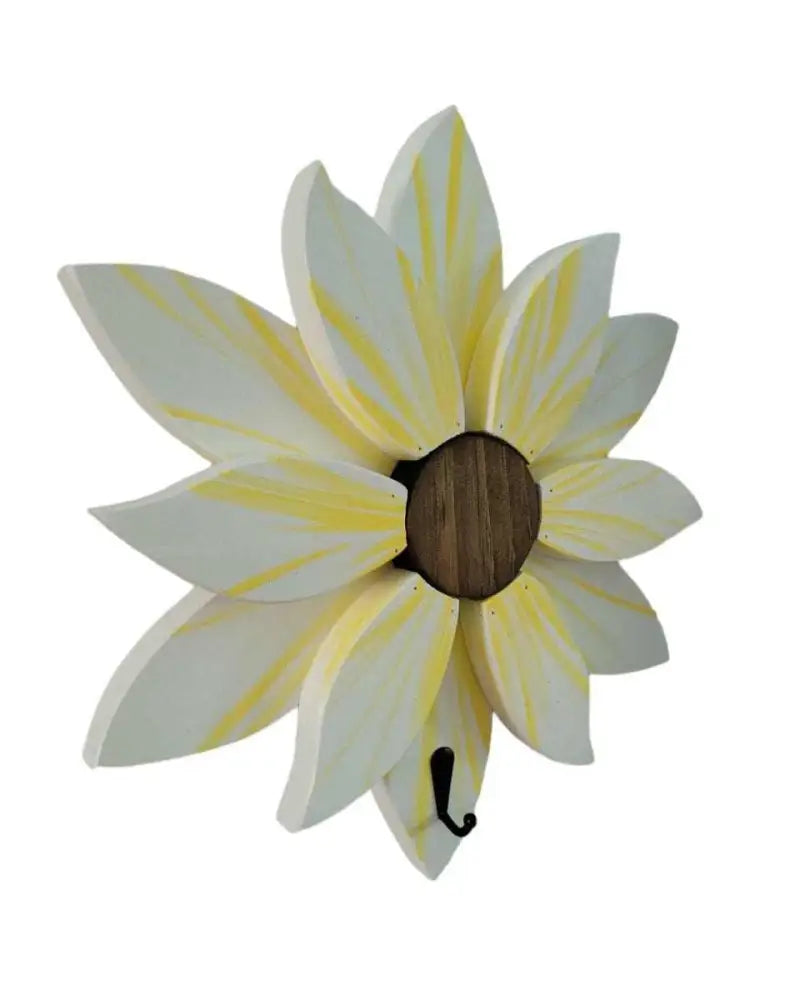 Handcrafted yellow and white flower wall decoration with wooden center, adding elegance and charm to home decor.