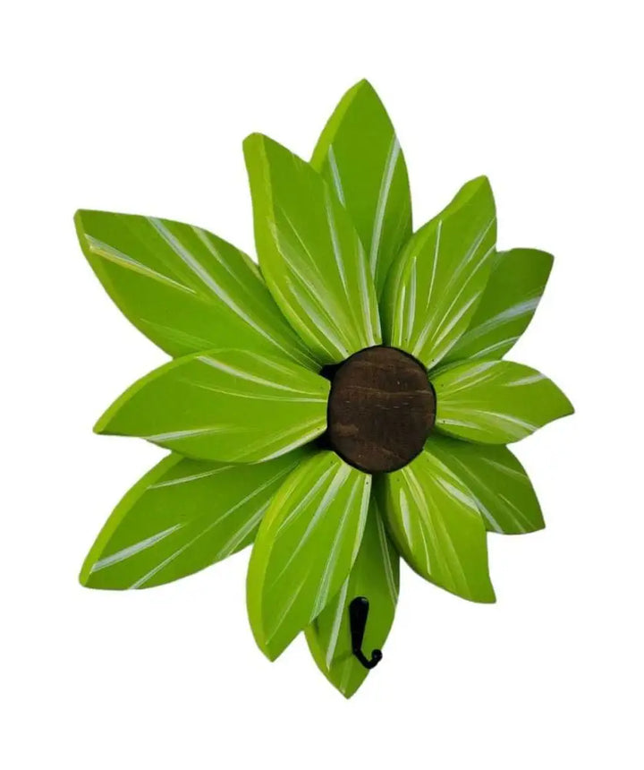 Green handcrafted wooden flower wall decoration with white-painted pine petals.