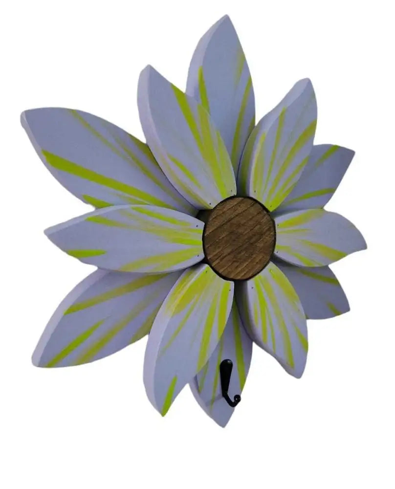 Handcrafted wooden flower wall decoration with vibrant green and beige petals.