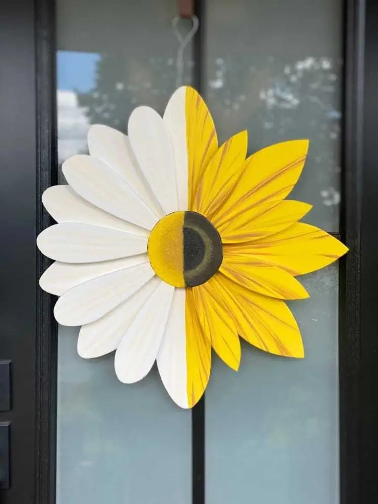 Sunflower and daisy fusion floral art piece, handmade and hand-painted, 23 inches in diameter.