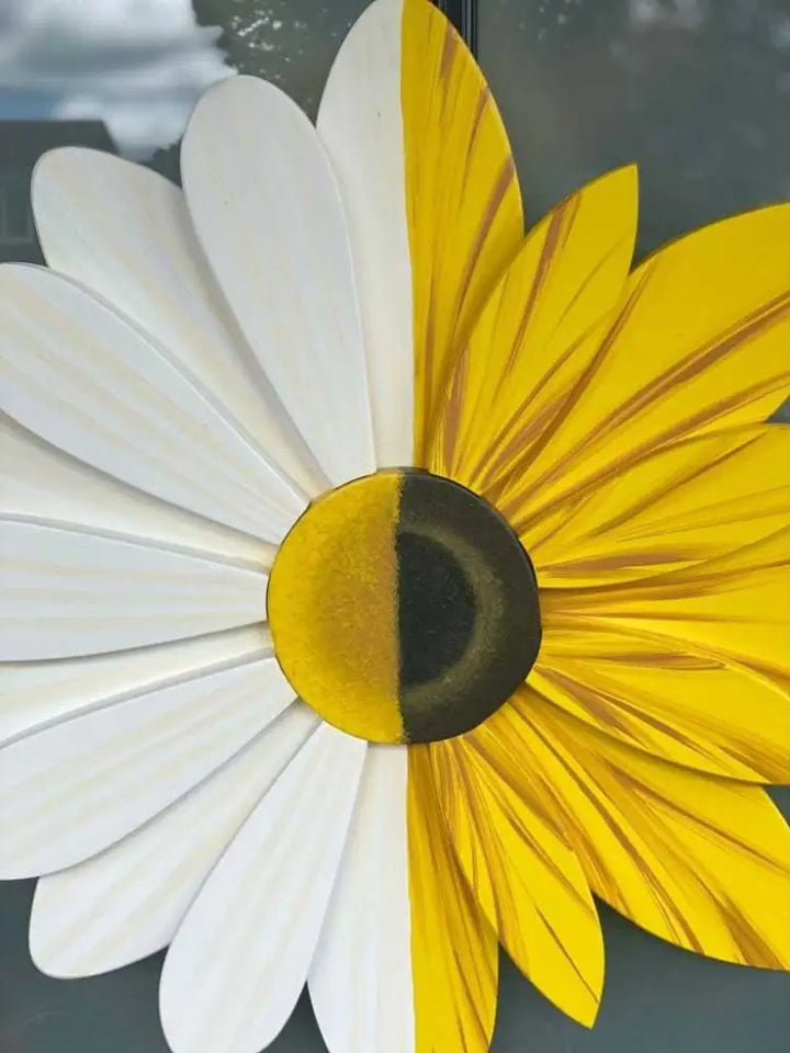 Sunflower and daisy fusion floral art, handmade and hand-painted with vibrant colors, 23 inches in diameter.