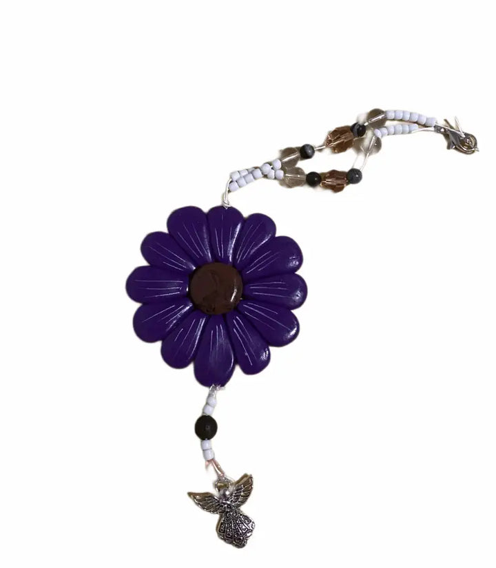Purple Sofia Daisy charm with black lava bead and glass beads.