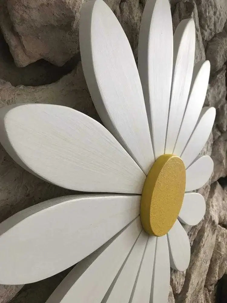 Hand-painted wooden daisy art symbolizing new beginnings and motherhood, suitable for indoor and outdoor decor.