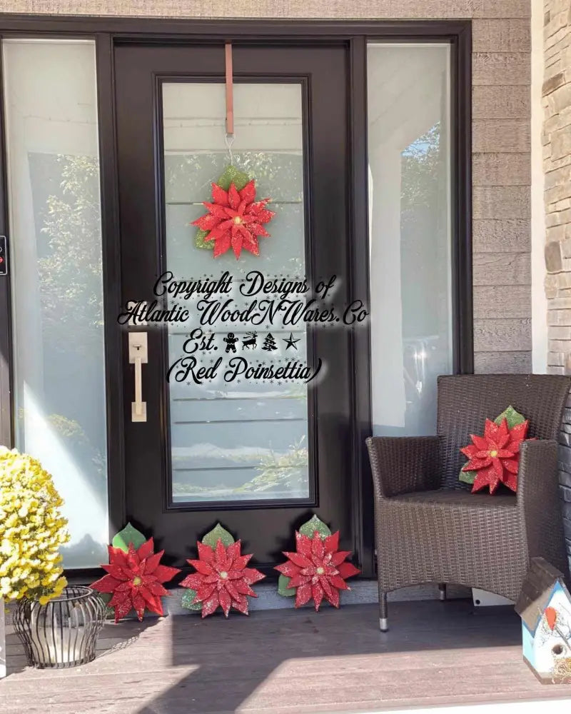 Wooden Poinsettia decoration on front door and patio chair, representing Christmas symbolism and available in three sizes.