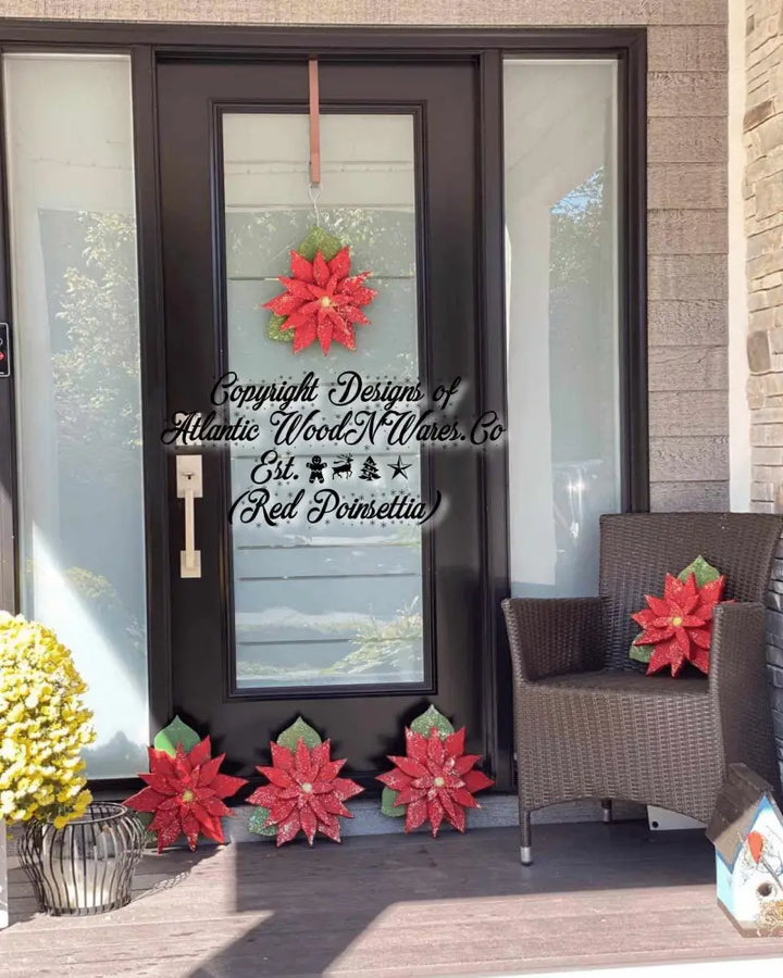Wooden Poinsettia decoration on front door and patio chair, representing Christmas symbolism and available in three sizes.