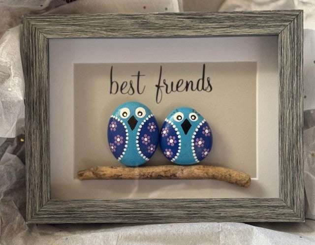 Handmade pebble art owl couple on branch in grey frame, 5x7 inch.