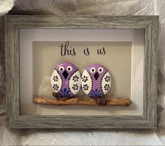 5x7 handmade pebble art with owl couple, grey frame, wall hangers included.