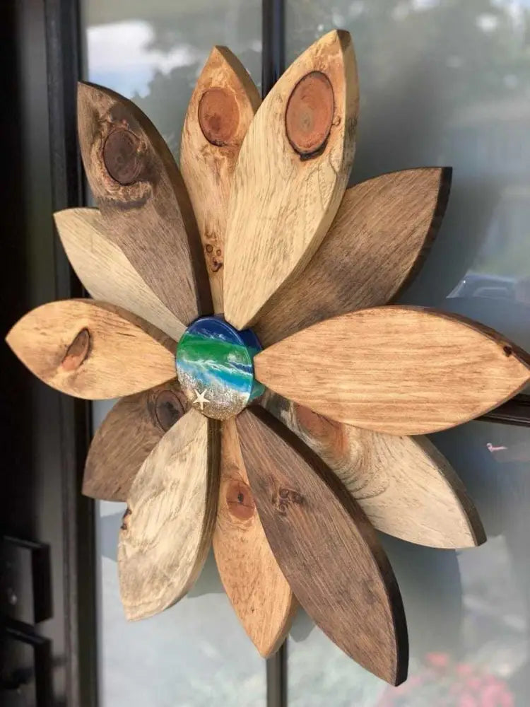 Wood flower with unique resin center for door decoration by Woodnwares, handcrafted pine with various finishes, 22x22 inches.