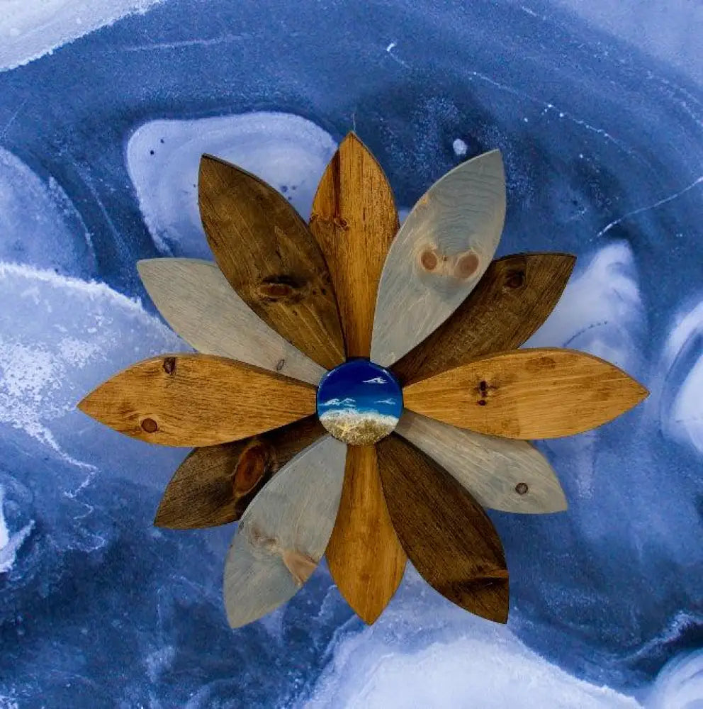 Handcrafted pine wood flower door decoration with unique ocean-themed resin center from Woodnwares Nova Scotia