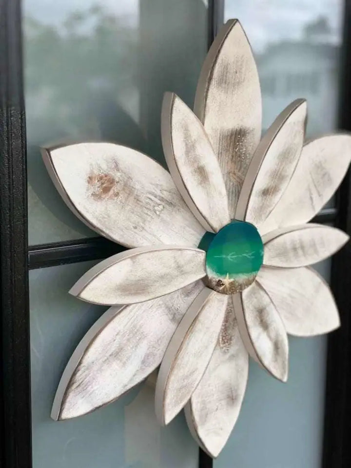 Resin centre wood flower decoration for doors from Woodnwares Nova Scotia.