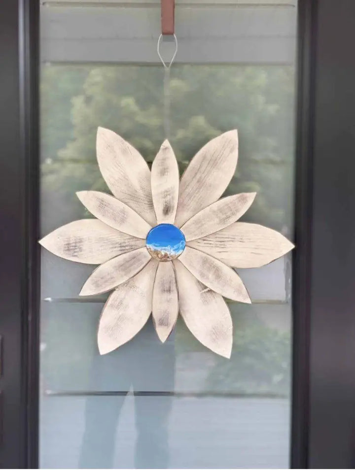 Unique resin center wood flower for door decoration, Nova Scotia handcrafted, pine wood with Benjamin Moore Aura paint, 22x22 inches.
