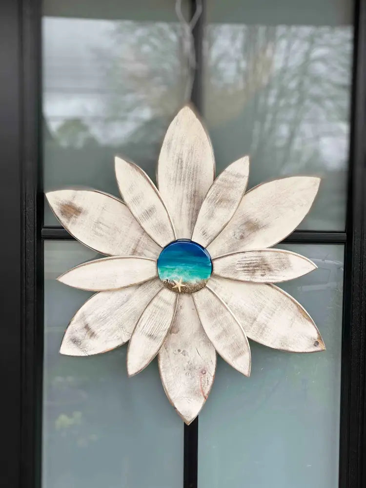 White wood flower with unique resin center, decorative door hanging by Woodnwares Nova Scotia.