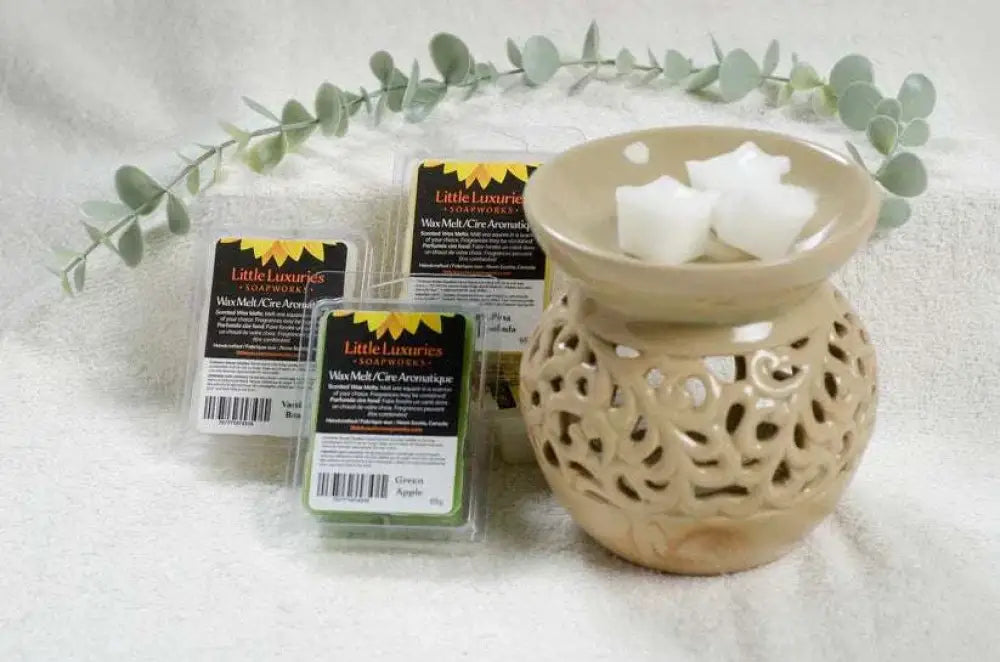 Ceramic wax melt burner with hand-poured wax melts and eucalyptus branch on a soft fabric background.