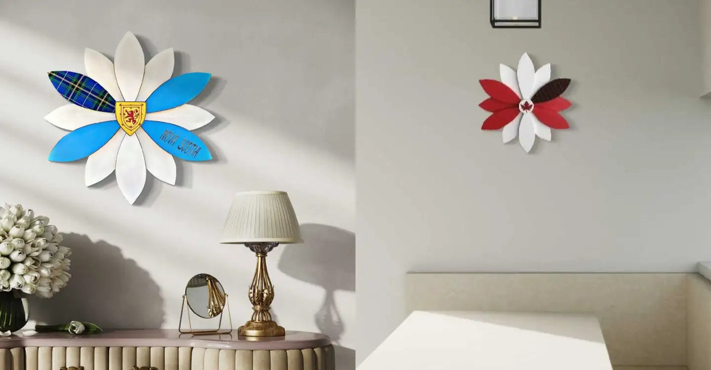 White and blue wooden flower wall art with a plaid center.
